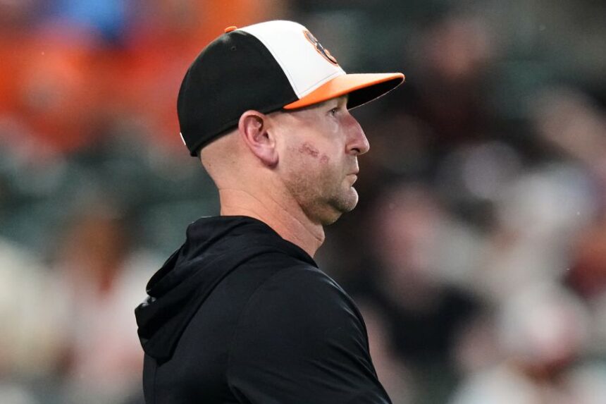 Baltimore Orioles manager Craig Albernaz approaches the mound to make a pitching substitution during the fifth inning of a baseball game against the Arizona Diamondbacks, Tuesday, April 14, 2026, in Baltimore. (AP Photo/Stephanie Scarbrough)