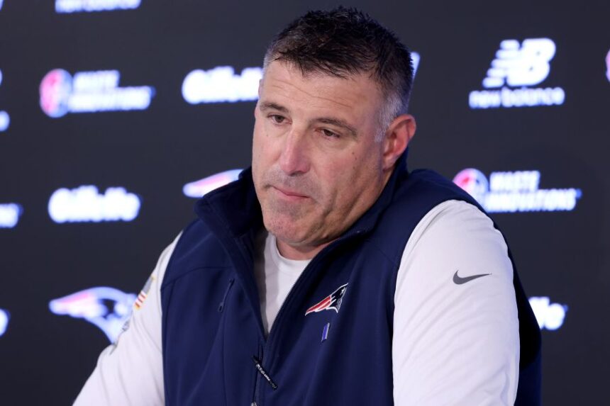 New England Patriots head coach Mike Vrabel speaks during an NFL football press conference, Tuesday, April 21, 2026, in Foxborough, Mass. (AP Photo/Mark Stockwell)
