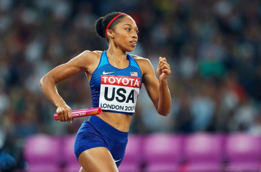 FILE - United States' Allyson Felix competes in the women's 4x400-meter final during the World Athletics Championships in London on Aug. 13, 2017. (AP Photo/Kirsty Wigglesworth, File)