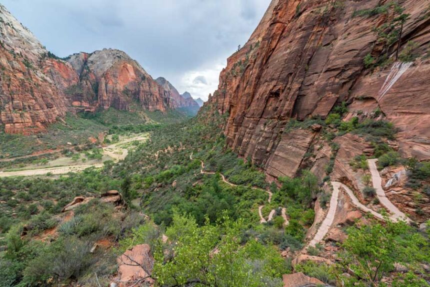 View of Zion Canyon and the trail leading to Angel's Landing in Zion National Park near Springdale, Utah