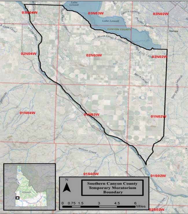 The Idaho Department of Water Resources’ five-year moratorium on new water rights will affect 21 applications between Lake Lowell and the Snake River in southern Canyon County, outlined here in black. Courtesy Idaho Department of Water Resources Courtesy IDWR 