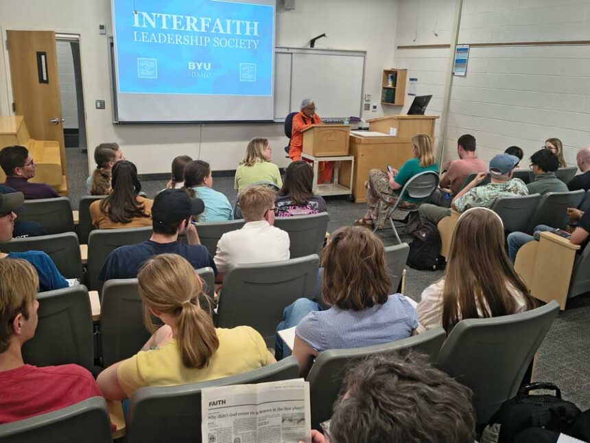Students and faculty gather at Brigham Young University-Idaho for an interfaith discussion featuring Hindu statesman and religious leader Rajan Zed, Thursday, May 28, 2026.