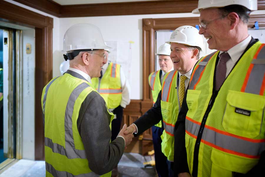 President D. Todd Christofferson (left) of the First Presidency of The Church of Jesus Christ of Latter-day Saints greets members of the Presiding Bishopric during a tour of the Salt Lake Temple on Friday, May 8, 2026.