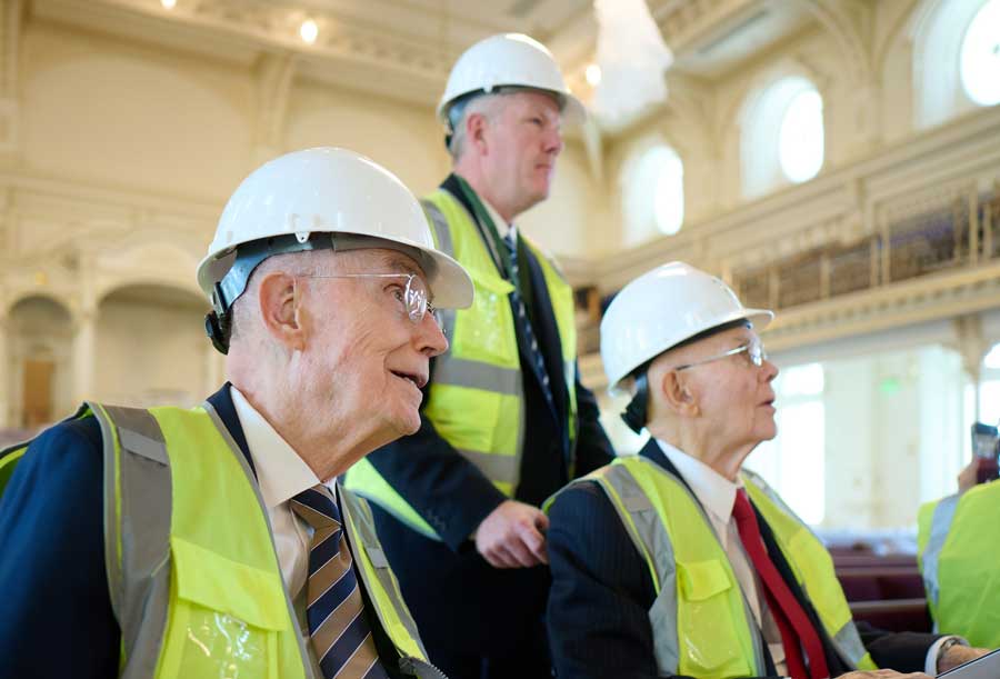 President Dallin H. Oaks (right) and President Henry B. Eyring (left) of the First Presidency of The Church of Jesus Christ of Latter-day Saints tour the Salt Lake Temple assembly room on Friday, May 8, 2026.