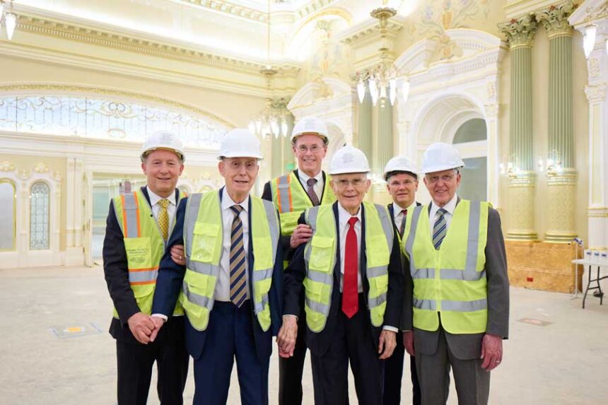 Members of the First Presidency and the Presiding Bishopric of The Church of Jesus Christ of Latter-day Saints tour the celestial room of the Salt Lake Temple on Friday, May 8, 2026. From left to right: Bishop L. Todd Budge, President Henry B. Eyring, Bishop W. Christopher Waddell, President Dallin H. Oaks, Bishop Sean Douglas, and President D. Todd Christofferson.