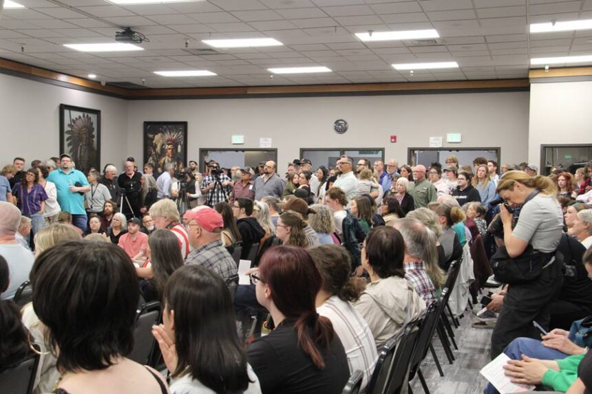 The crowd gathered at the public hearing.