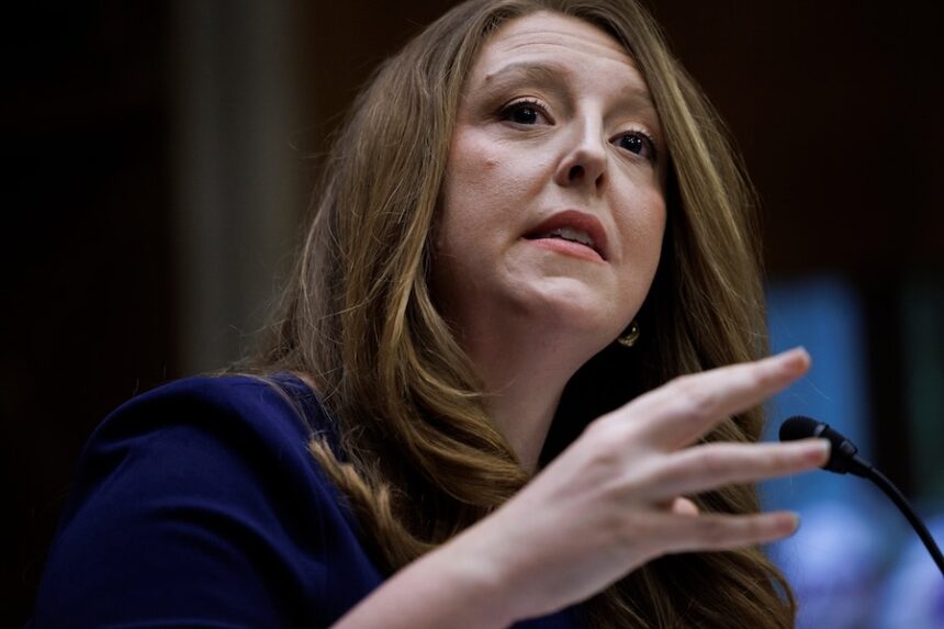 Dr. Casey Means testifies during a Senate Health, Education Labor and Pension Committee confirmation hearing for U.S. Surgeon General on Capitol Hill, Feb. 25, 2026, in Washington.