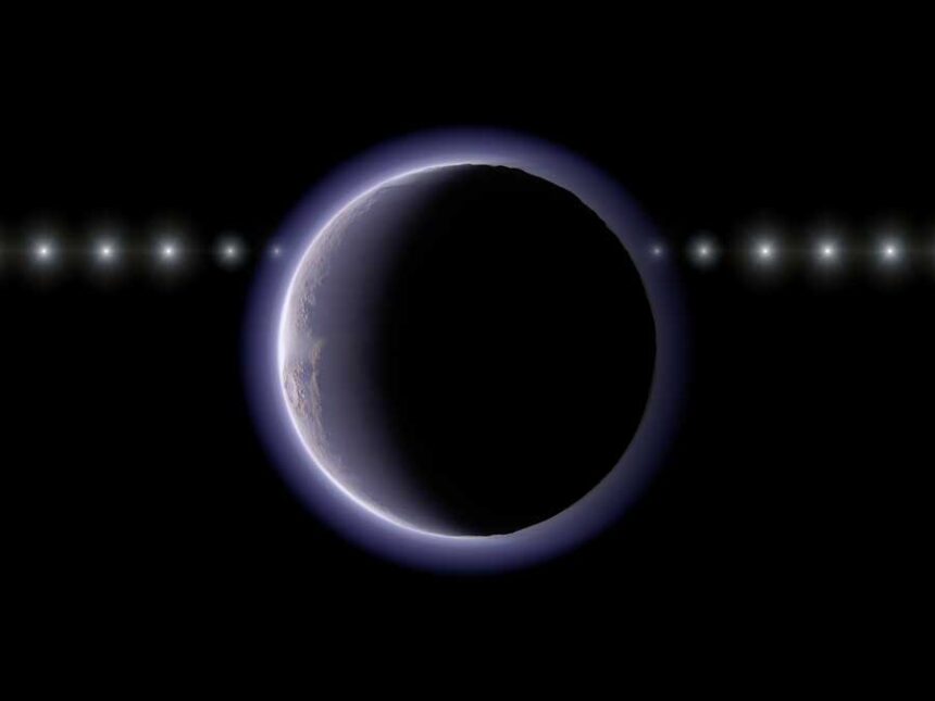 This image provided by NAOJ shows artist’s impression of the trans-Neptunian object (612533) 2002 XV93 occulting a background star.