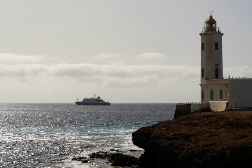 A view of the m/v Hondius Cruise ship anchored at a port in Praia, Cape Verde, Monday, May 4, 2026.