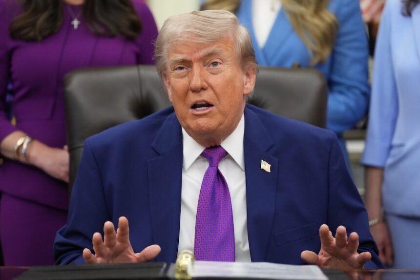 President Donald Trump speaks to reporters at an event about maternal healthcare, Monday, May 11, 2026, in the Oval Office of the White House, in Washington.