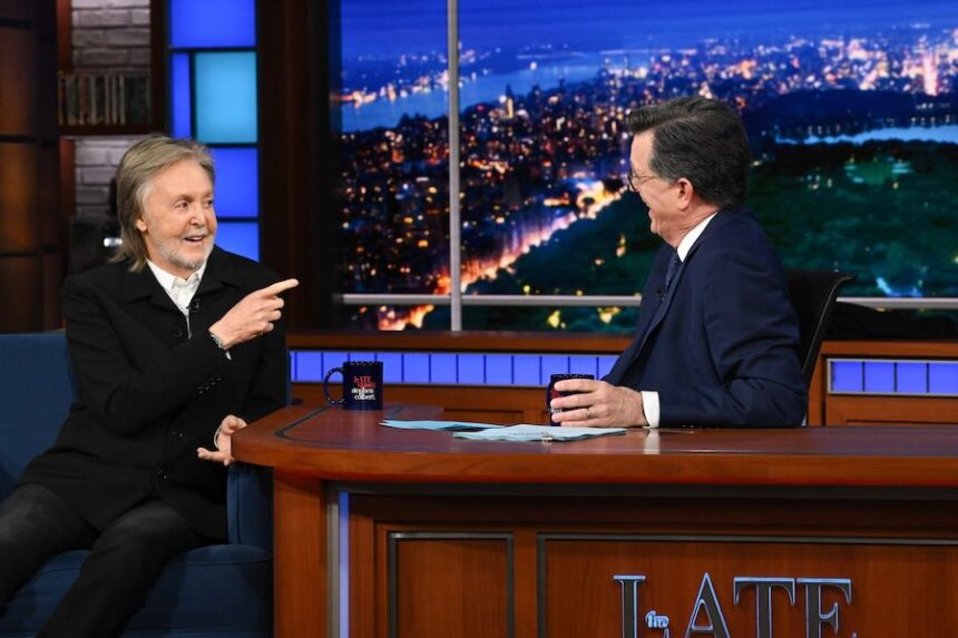 This image released by CBS shows Paul McCartney, left, with host Stephen Colbert during the final episode of "The Late Show with Stephen Colbert" in New York on Thursday, May 21, 2026.