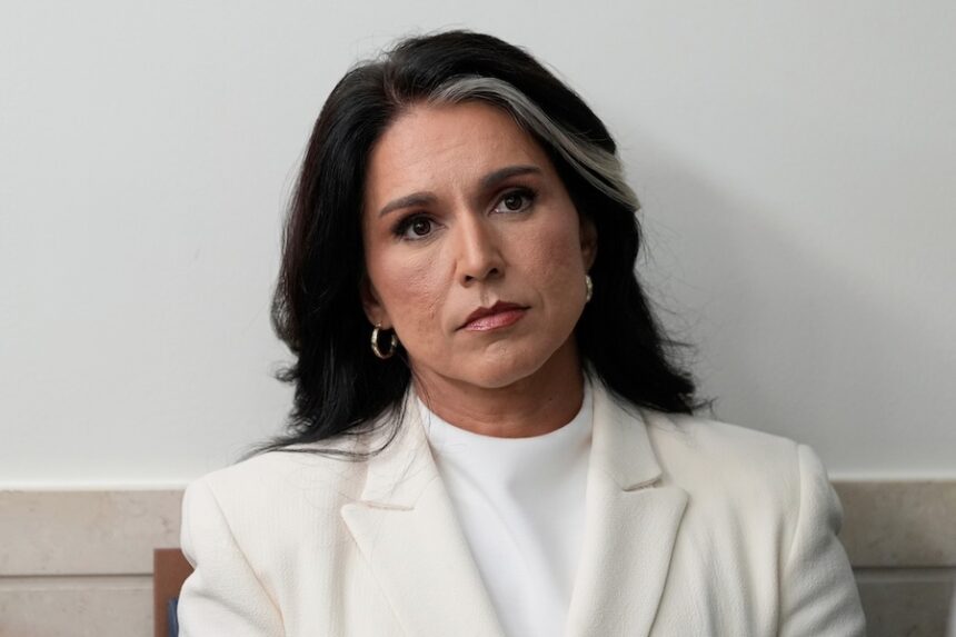 Director of National Intelligence Tulsi Gabbard sits in the James Brady Press Briefing Room at the White House, July 23, 2025, in Washington.