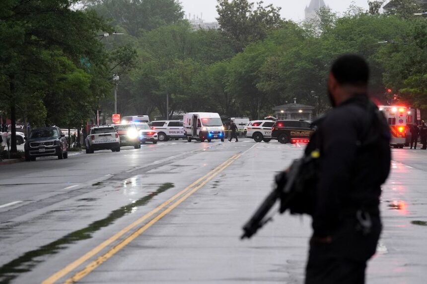 Police and members of the Secret Service block streets around the White House, Saturday, May 23, 2026, in Washington.
