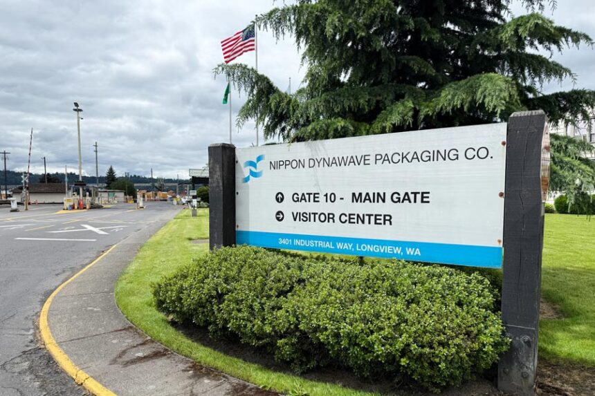 The exterior of the Nippon Dynawave Packaging Co. is shown, after a tank containing hazardous liquid imploded, on Tuesday, May 26, 2026 in Longview, Wash. | Claire Rush, Associated Press
