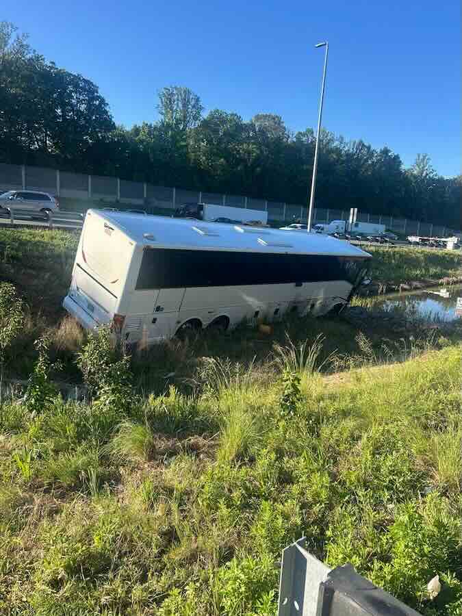 This photo, provided by the Virginia State Police, shows the scene of a fatal accident involving a passenger bus on Interstate 95 in near Quantico, Va., on Friday, May 29, 2026.