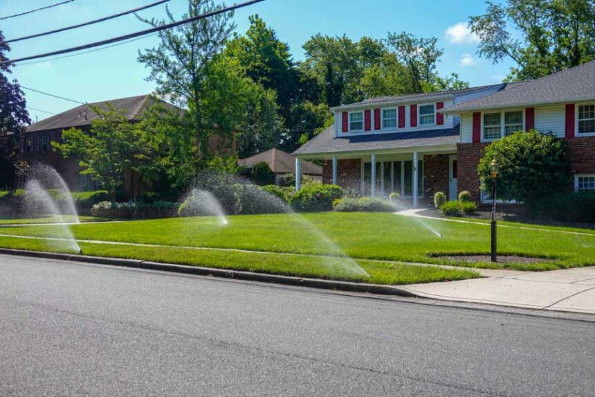 Sprinklers water a green lawn in front of a house. (Adobe Stock via UofI)