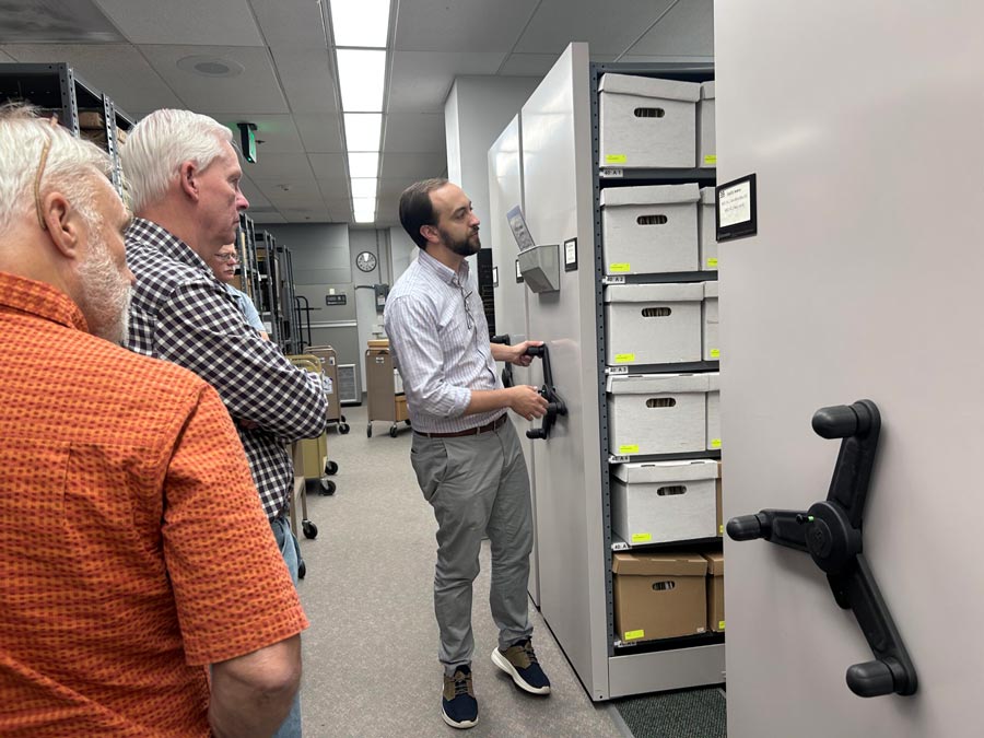 Boise State University archivist and librarian Alessandro Meregaglia (right) moves shelves at the Alberstons Library lined with archival material from the administrations of Cecil D Andrus, who served as a state legislator, Idaho governor and the U.S. secretary of the Interior. | Christina Lords, Idaho Captial Sun