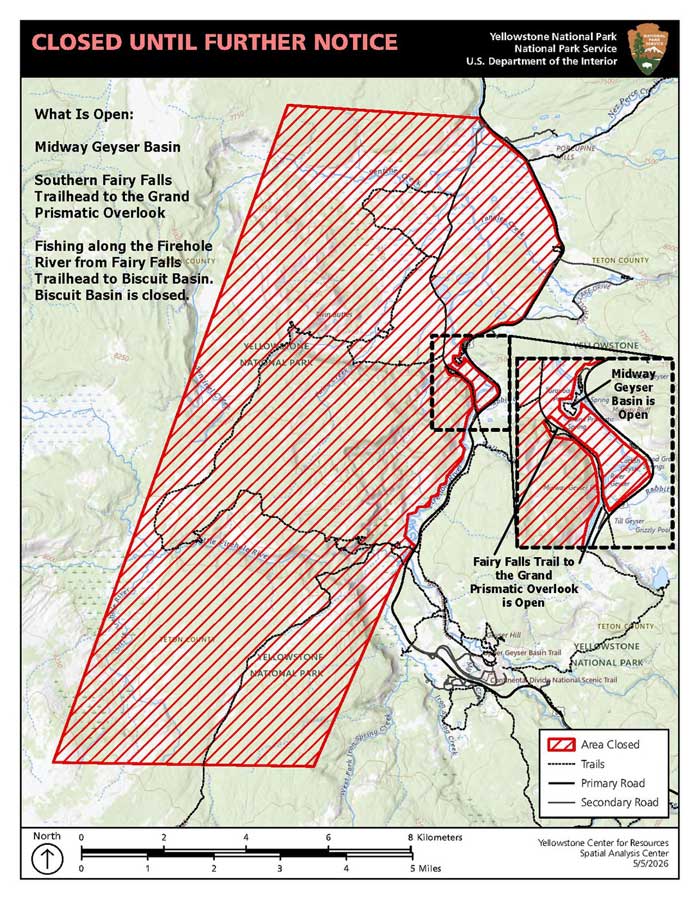 Click to enlarge: Yellowstone National Park closed an area near Old Faithful after two hikers were injured by a grizzly bear in May 2026. (National Park Service)
