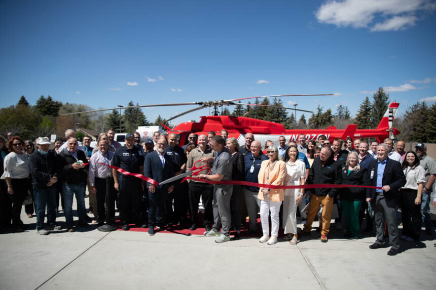 Dignitaries cut a ribbon in celebration of a new helicopter at Madison Memorial Hospital in Rexburg on Tuesday. | Cody Roberts, EastIdahoNews.com