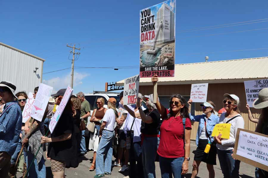 Community members protest ahead of a special Box Elder County Commission meeting to discuss the “Stratos” project, a massive data center proposed for an unincorporated area in Box Elder County on May 4, 2026
