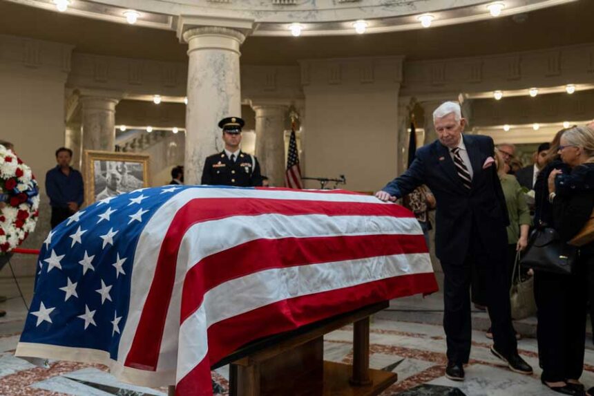 Former Idaho Attorney General David Leroy pays his respects as former Idaho Gov. Dirk Kempthorne lies in state in the Idaho State Capitol on Friday, May 15, 2026.