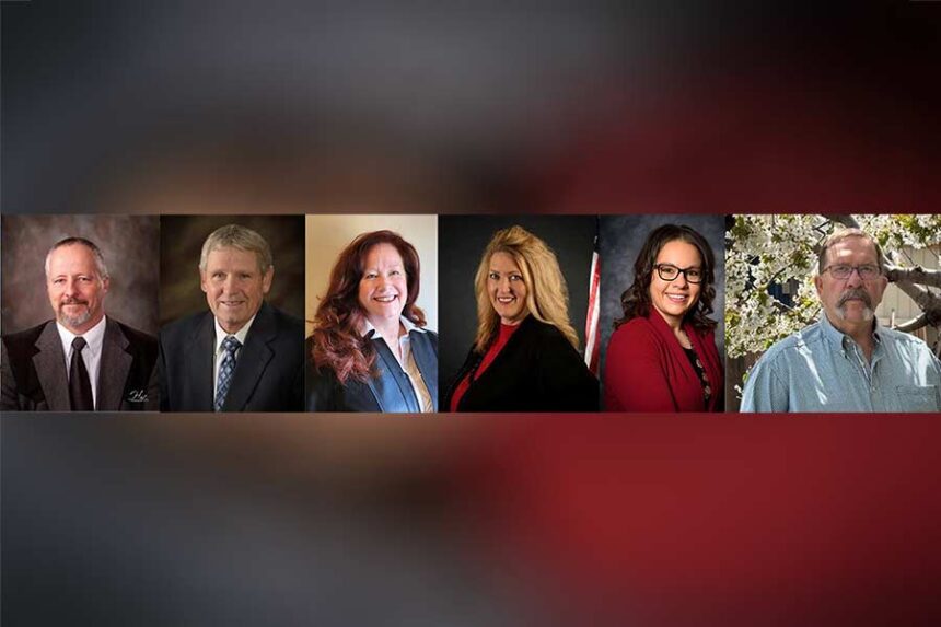 Brian Farnsworth, left, and Scott Hancock, second from left, were the winners of the Jefferson County Commissioner's races. Melanie Smoot, third from left, is the new nominee for clerk, and Kristine Lund, third from right, and Jessica Roach, are expected to retain their positions as treasurer and assessor respectively. Carl Anderson, right, unseated longtime coroner LaVar Summers. | Courtesy photos