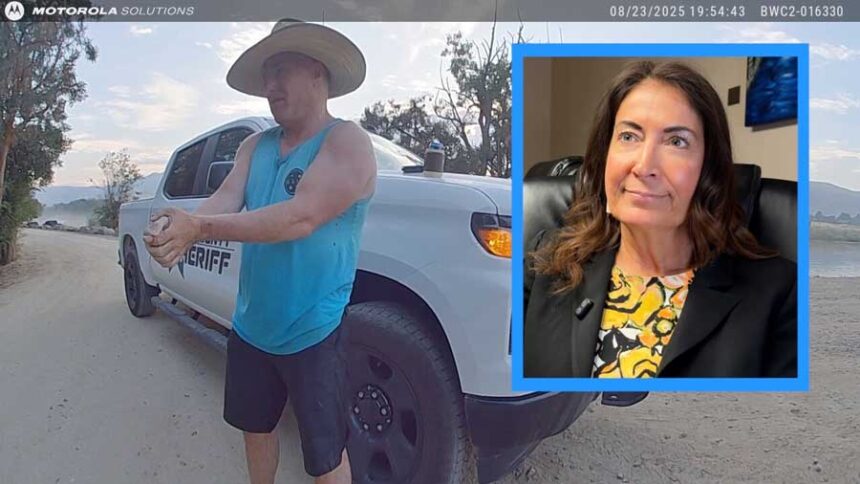 Attorney Terri Pickens speaks with KIVI Idaho News 6 about a fight involving her clients and Boise County Commissioner Darrell Lindstrom, background, on the Payette River in August 2025.