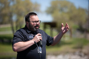 Idaho Falls Parks and Recreation Director PJ Holm speaks before a ribbon-cutting ceremony in Heritage Park on Wednesday. | Cody Roberts, EastIdahoNews.com