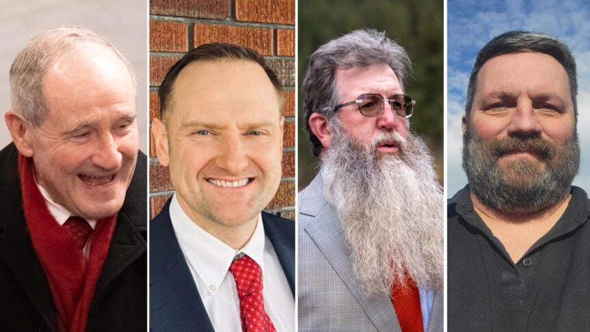 From left, Jim Risch, Josh Roy, Denny LaVé, Joe Evans. (Risch photo by Otto Kitsinger for the Idaho Capital Sun; Roy, LaVe, Evans | Courtesy of the candidates