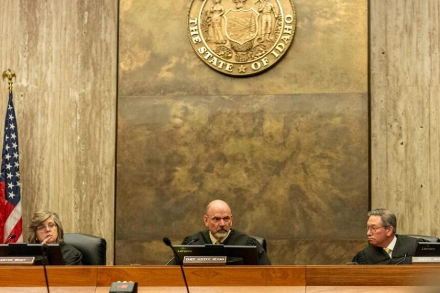 Idaho Supreme Court justices listen to oral arguments in an abortion rights ballot initiative lawsuit on Friday, April 25, 2025. From left to right: Justice Robyn Brody, Chief Justice G. Richard Bevan, and Justice Gregory Moeller. | (Kyle Pfannenstiel, Idaho Capital Sun