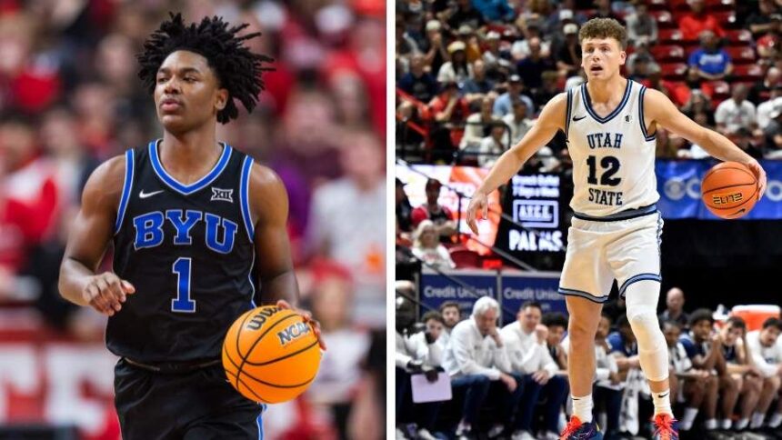 BYU and Utah State will meet in the 2026-27 season at the Marriott Center. (Photos courtesy of Getty Images)