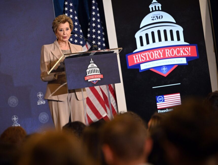 U.S. Secretary of Education Linda McMahon speaks to the student body at Coeur d’Alene Charter Academy Tuesday, April 21, 2026. | Jesse Tinsley, The Spokesman-Review