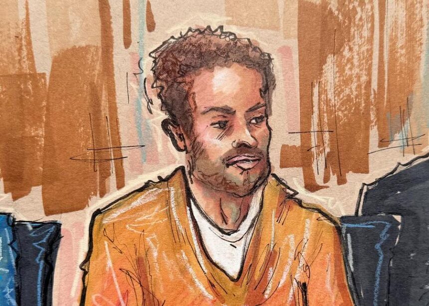 Cole Tomas Allen, the suspect in the White House Correspondents' Association dinner shooting, sits in the courtroom during a hearing in this April 30, courtroom sketch.