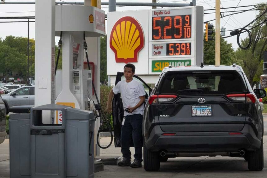 Gas prices topped $5 a gallon Thursday, May 21, 2026, at this Shell gas station in Mount Prospect, Illinois.