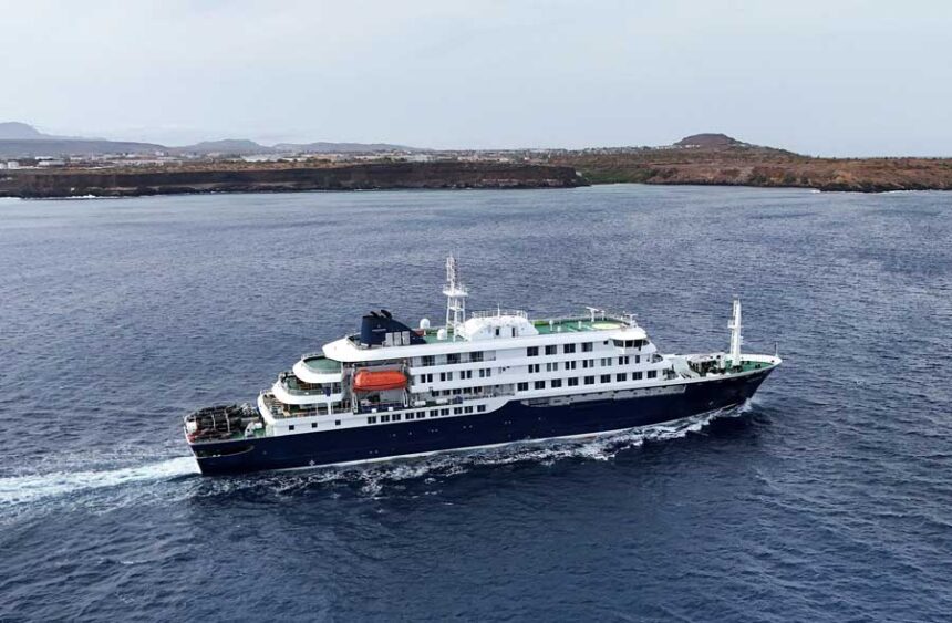 A drone view of the cruise ship MV Hondius, carrying passengers suspected of having cases of hantavirus on board, leaves Praia, Cape Verde, on Wednesday, May 6, 2026.
