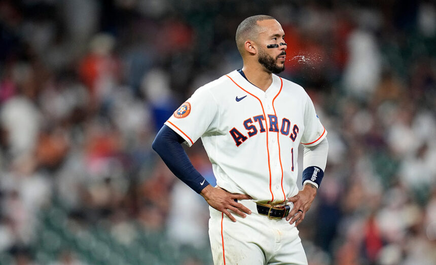 Houston Astros' Carlos Correa (1) reacts after the eighth inning of a baseball game against the New York Yankees, Saturday, April 25, 2026, in Houston. | Karen Warren, AP Photo