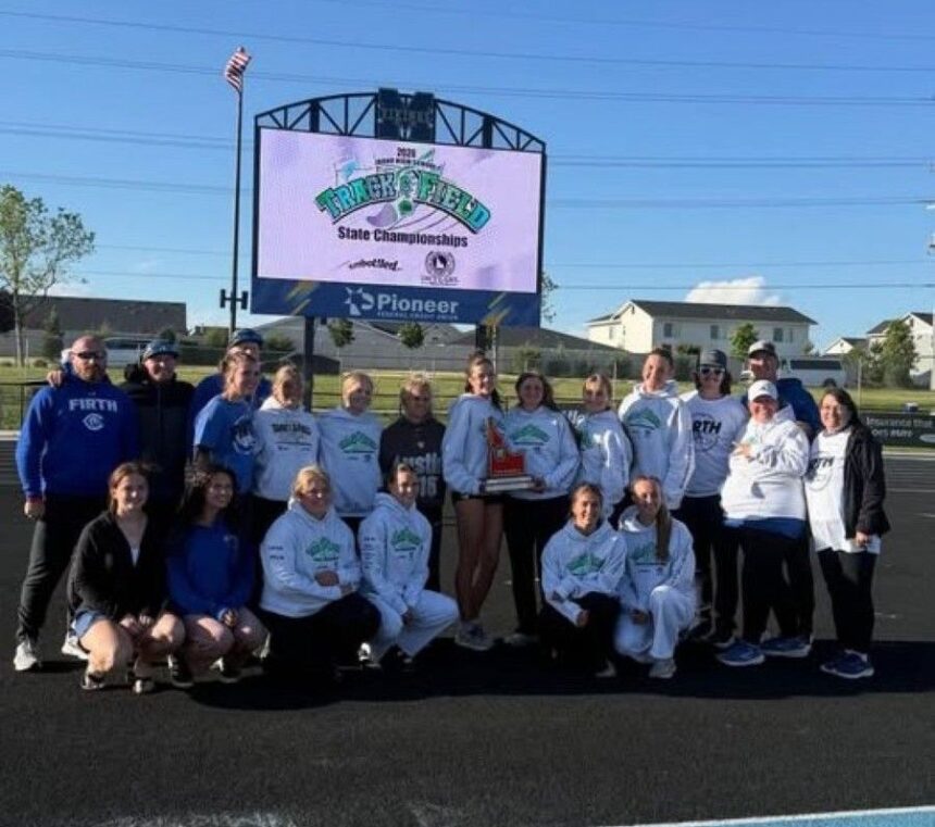 The Firth girls track and field team celebrates another state trophy. | Courtesy photo.