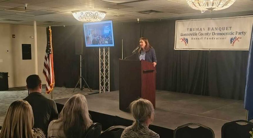 Ellie Gilbreath, Democratic candidate for Idaho's 2nd Congressional District, speaks at the annual Truman Banquet in Idaho Falls on Saturday, May 16, 2026.