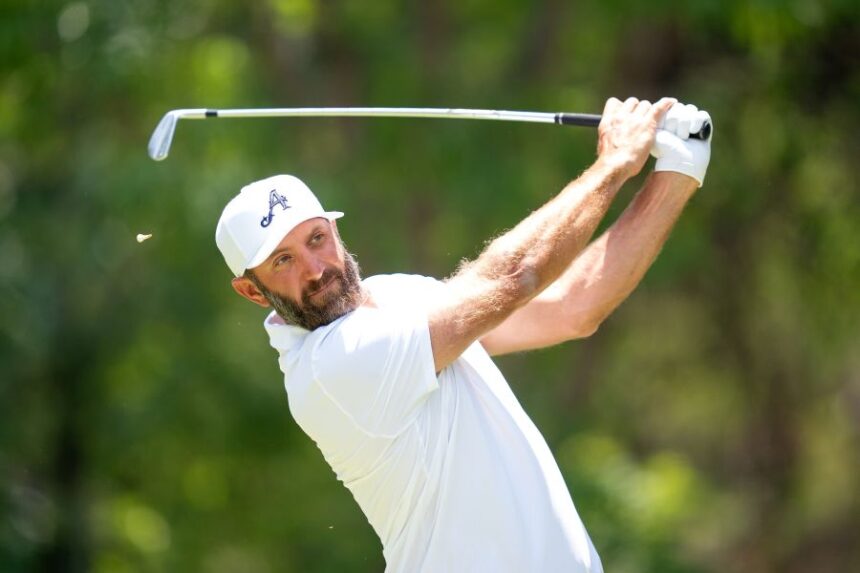 4Aces GC captain Dustin Johnson of hits his shot from the eighth tee during the third round of LIV Golf Mexico City tournament, Saturday, April 18, 2026 in Naucalpan, Mexico. (Mateo Villalba/LIV Golf via AP)