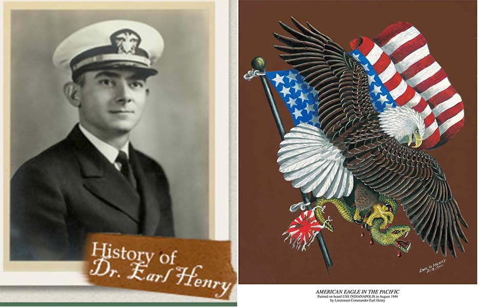 Lt. Cmdr. Earl Henry, left, painted the image on the right, while serving aboard the USS Indianapolis. | Courtesy photos