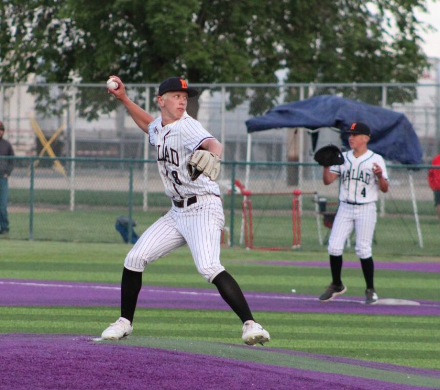 Malad reliever Easton Green warms up during Friday's game against Melba. | Allan Steele, EastIdahoSports.com.