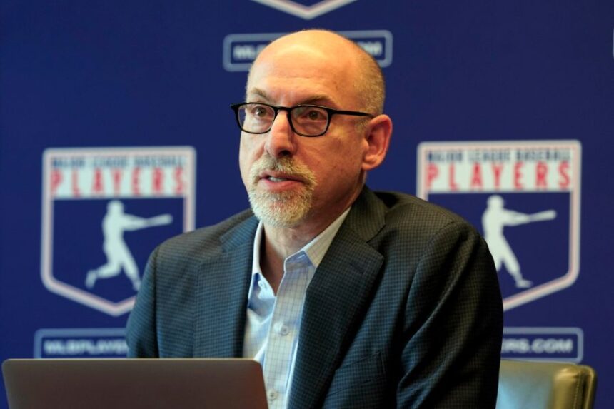 FILE - Attorney Bruce Meyer, the current interim executive director of the Major League Baseball Players Association, speaks at a news conference in New York, March 11, 2022. (AP Photo/Richard Drew, File)