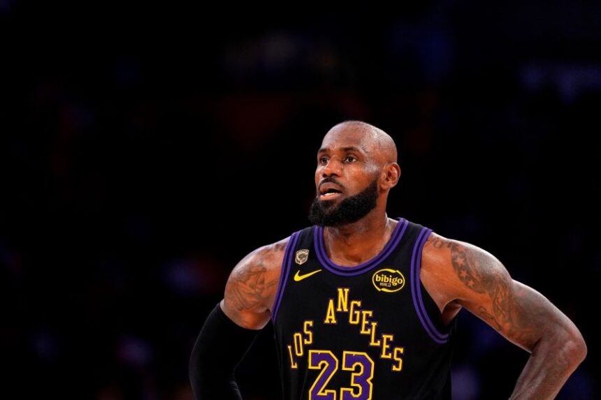 Los Angeles Lakers forward LeBron James stands on the court in the closing minutes of Game 4 in a second-round NBA basketball playoffs series against the Oklahoma City Thunder, Monday, May 11, 2026, in Los Angeles. (AP Photo/Mark J. Terrill) Los Angeles Lakers forward LeBron James stands on the court in the closing minutes of Game 4 in a second-round NBA basketball playoffs series against the Oklahoma City Thunder, Monday, May 11, 2026, in Los Angeles. (AP Photo/Mark J. Terrill)