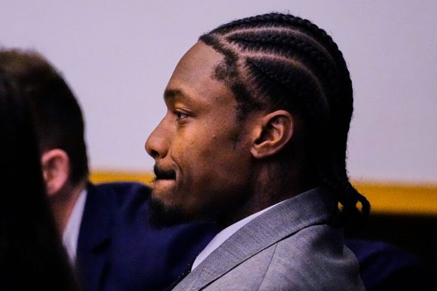 Former New England Patriots wide receiver Stefon Diggs reacts after a not guilty verdict at his trial at Norfolk County District Court, Tuesday, May 5, 2026, in Dedham, Mass. (AP Photo/Charles Krupa, Pool) Former New England Patriots wide receiver Stefon Diggs reacts after a not guilty verdict at his trial at Norfolk County District Court, Tuesday, May 5, 2026, in Dedham, Mass. (AP Photo/Charles Krupa, Pool)