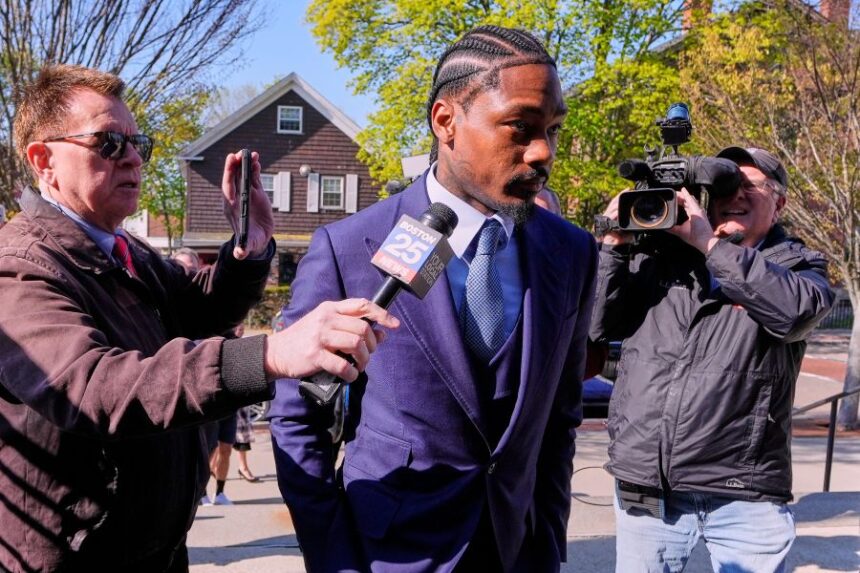 Former New England Patriots wide receiver Stefon Diggs arrives at Norfolk County District Court, Monday, May 4, 2026, in Dedham, Mass. (AP Photo/Charles Krupa)