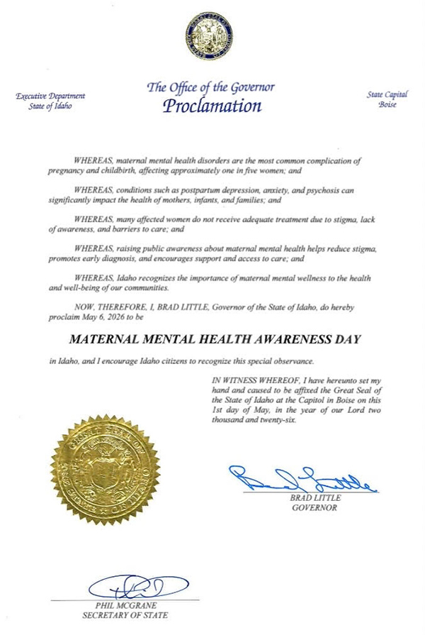 Governor Brad Little has declared May 6 as Maternal Mental Health Awareness Day