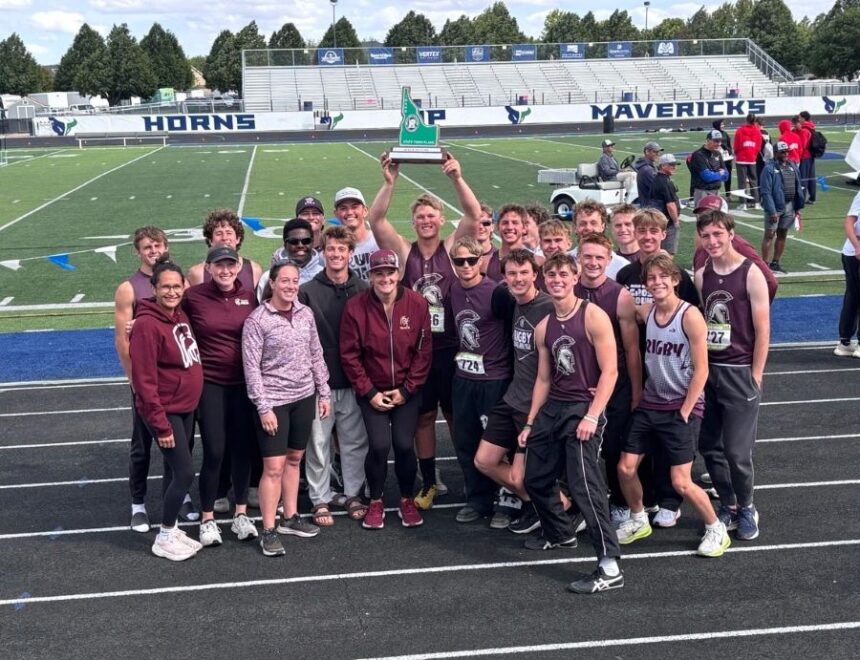 The Rigby boys track and field team celebrates after finishing third at the 6A state championships. | Courtesy photo.