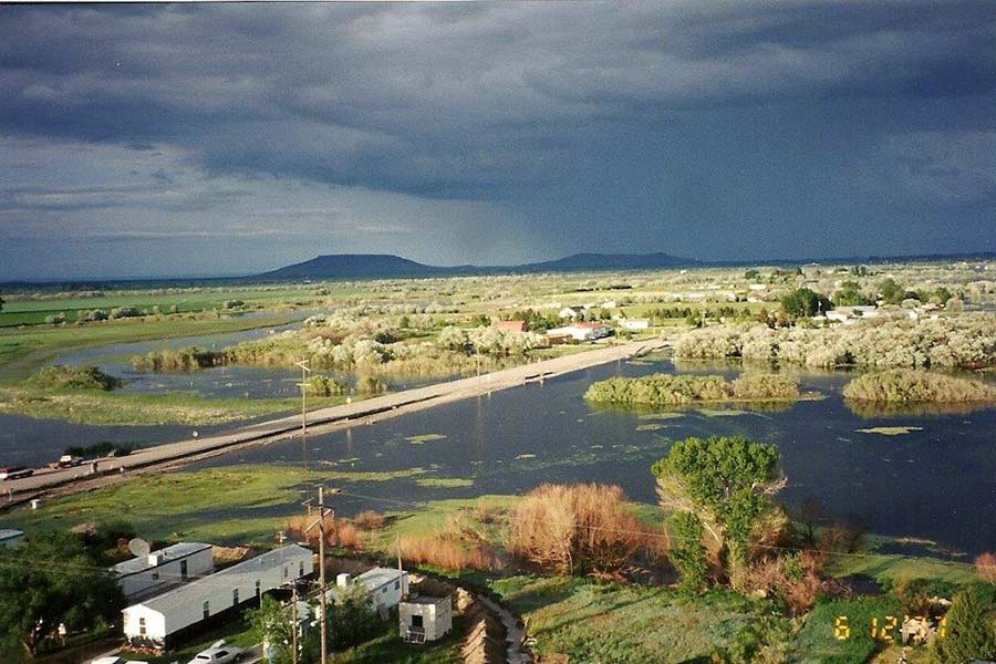 An elevated view of Roberts, looking east toward Menan during the 1997 flood. | Courtesy City of Roberts
