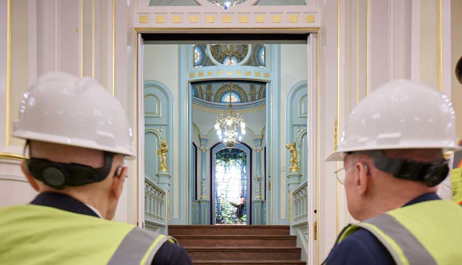 President Dallin H. Oaks (left) and President Henry B. Eyring (right) of the First Presidency look at a stained-glass depiction of the First Vision of the Prophet Joseph Smith in the Salt Lake Temple on Friday, May 8, 2026.