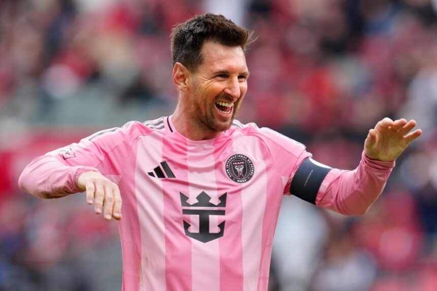 Inter Miami CF midfielder Lionel Messi (10) celebrates his goal during second half MLS soccer against Toronto FC, in Toronto on Saturday, May 9, 2026.(Frank Gunn /The Canadian Press via AP)